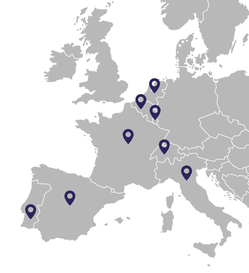 Europakarte mit den 8 LÃ¤ndern, in denen die Murprotec-Gruppe aktiv ist