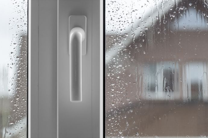 Wassertropfen auf einem weiÃŸen Fenster in einer feuchten KÃ¼che