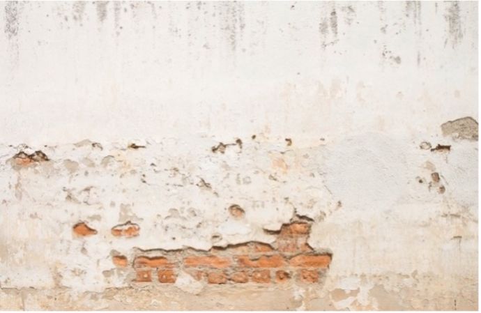 Salpeterflecken an einer stark befallenen Wand 