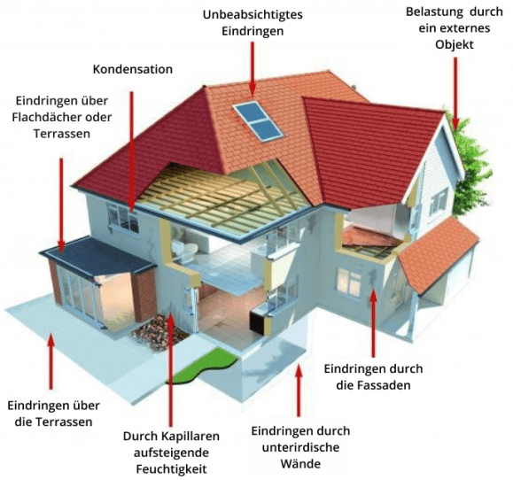 Die Illustration des Hauses zeigt die verschiedenen Feuchtigkeitsprobleme im Haus.